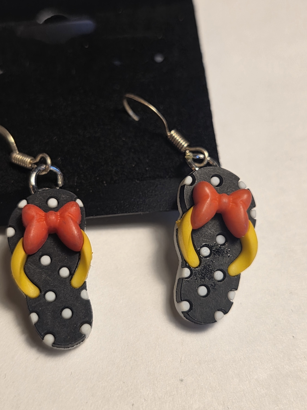 Kids Polka Dot Flip-Flop Earrings with Red Bow - Black & Yellow